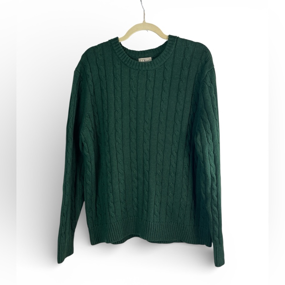 L.L. Bean Men’s Cable Knit Cotton Sweater Green Crewneck Size L Classic‎ Preppy